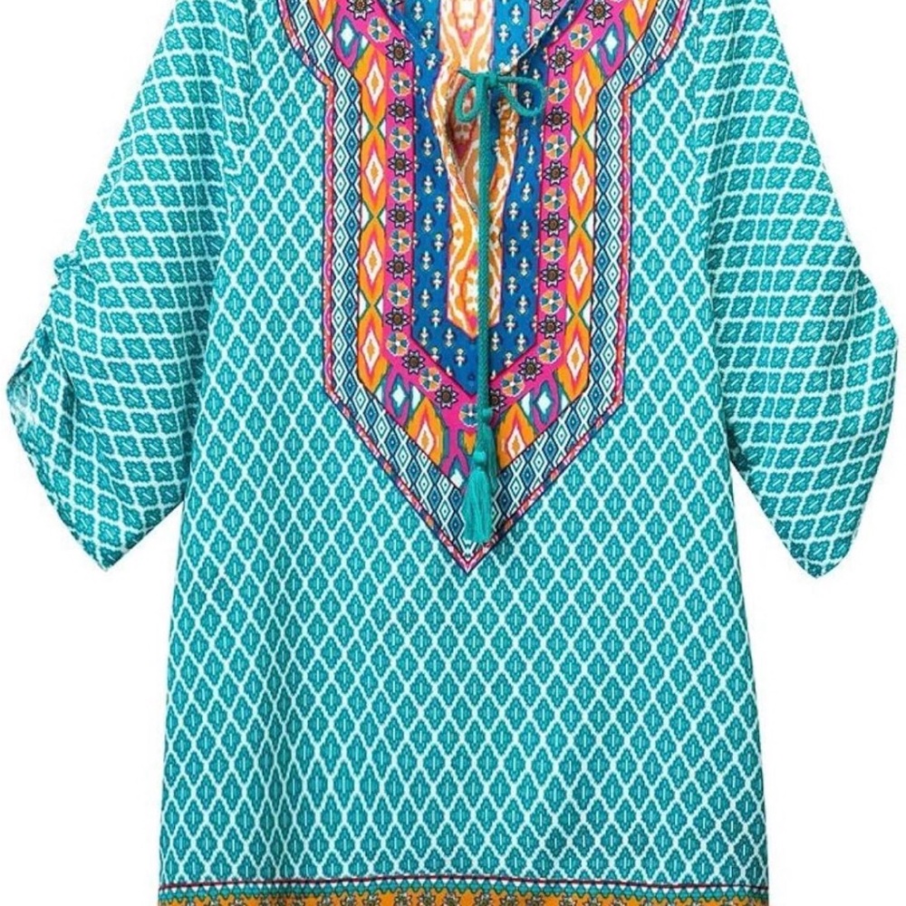 Urban CoCo Bohemian Neck Tie Vintage Printed Ethnic Style Shift Dress Small - Picture 3 of 6